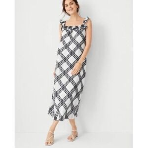 Ann Taylor Navy Blue White Plaid‎ Ruffle Neck Chiffon Midi Dress 6 561128
